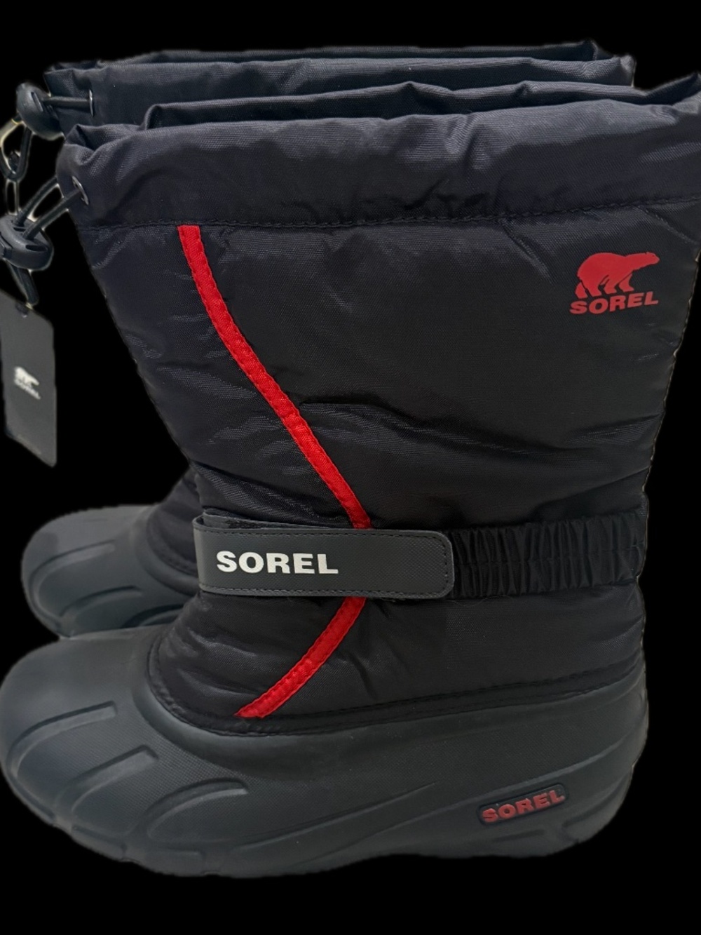 NEW SOREL Youth Flurry Snow Boots 7Y Black Bright Red -32C / -25F Waterproof